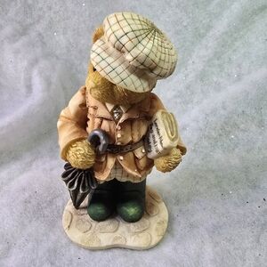 Plaid Hat Bear Figurine with Umbrella